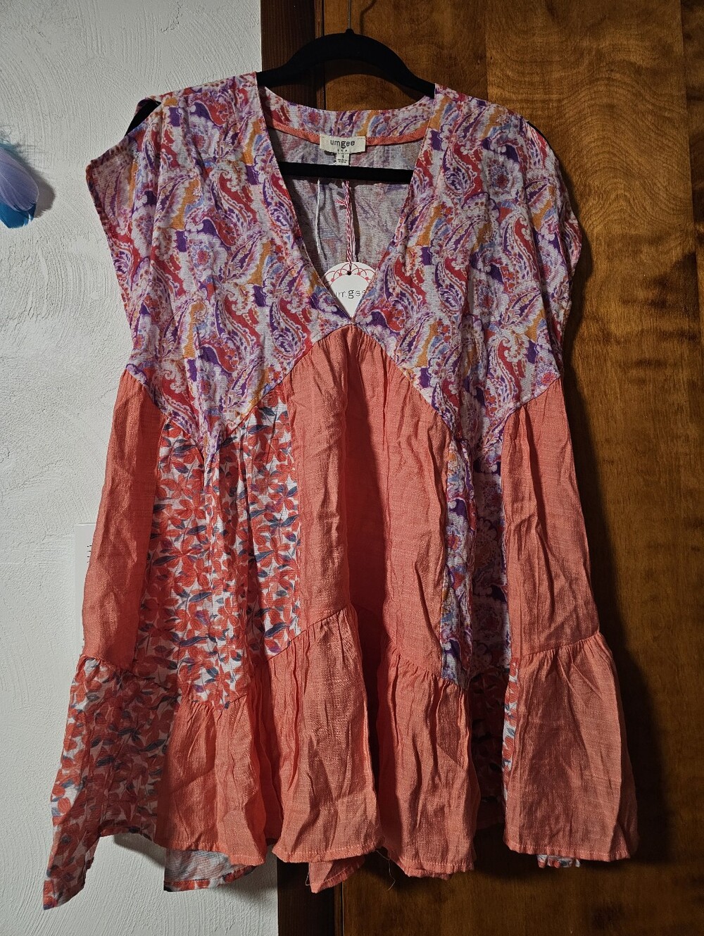 Umgee Coral & Purple Mixed-Print Boho Tunic Top NWT